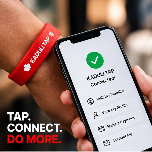 Wristband tapped on a phone showing KADULI TAP links