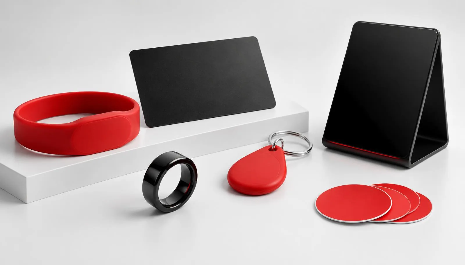 KADULI TAP product collection: wristband, NFC card, ring, keychain, merchant stand and stickers