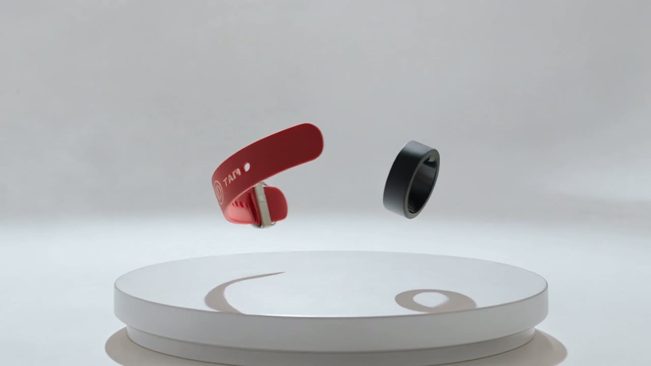 KADULI TAP wristband and ring on a studio pedestal
